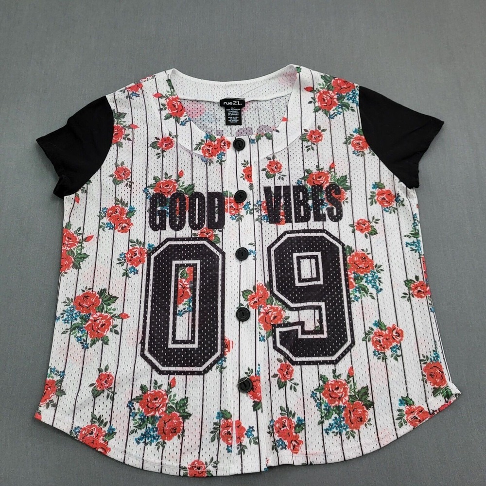 rue21 Women Floral Pinstripe Baseball Jersey Good Vibes 09 Mesh Button Up Medium